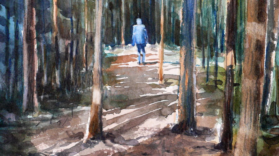 Ensam i skogen, en akvarellövning